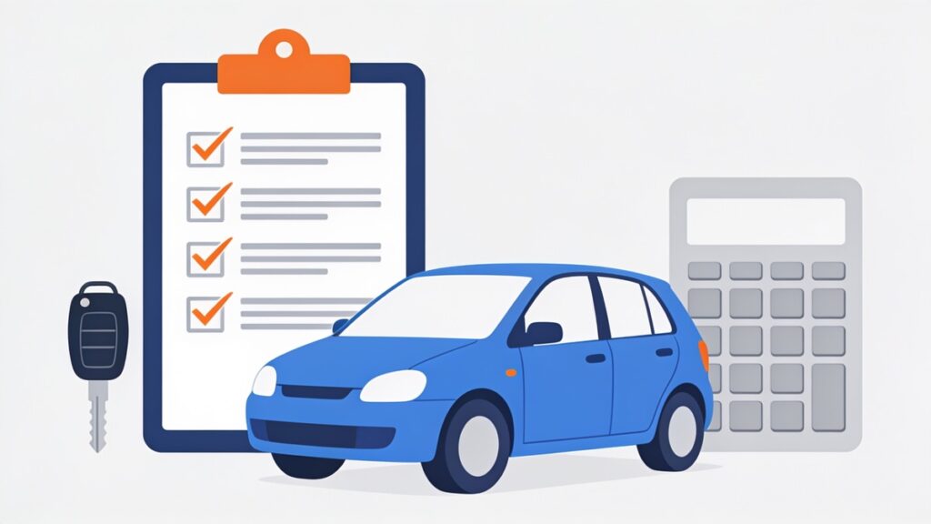 Ilustração plana de um carro compacto azul à frente de uma prancheta com lista de verificação, uma chave de carro e uma calculadora