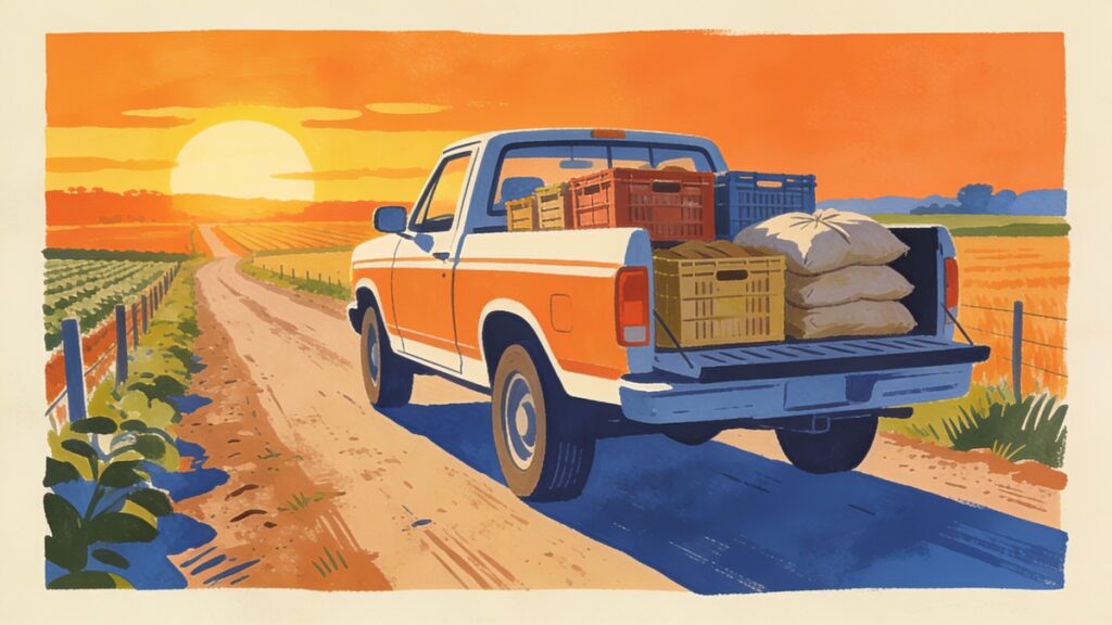 Ilustração em guache de uma caminhonete carregada com caixas e sacos em uma estrada de terra entre plantações ao nascer do sol