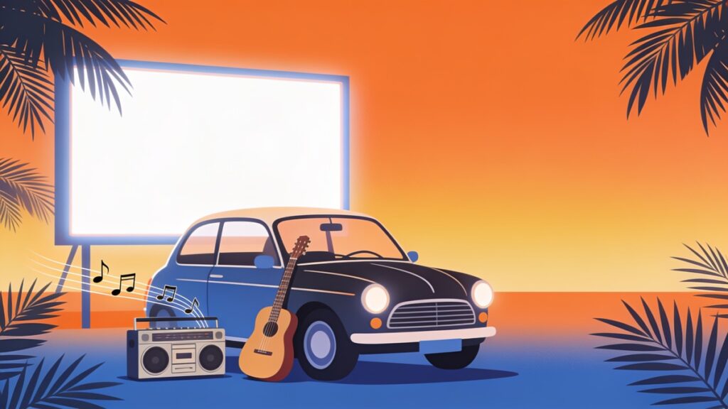Ilustração plana de um carro antigo ao pôr do sol, com violão, rádio, notas musicais e uma tela de cinema em branco