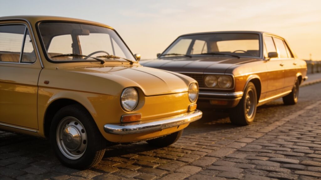 Dois carros antigos restaurados, um compacto amarelo e um sedã marrom, estacionados lado a lado em uma rua de paralelepípedos ao pôr do sol
