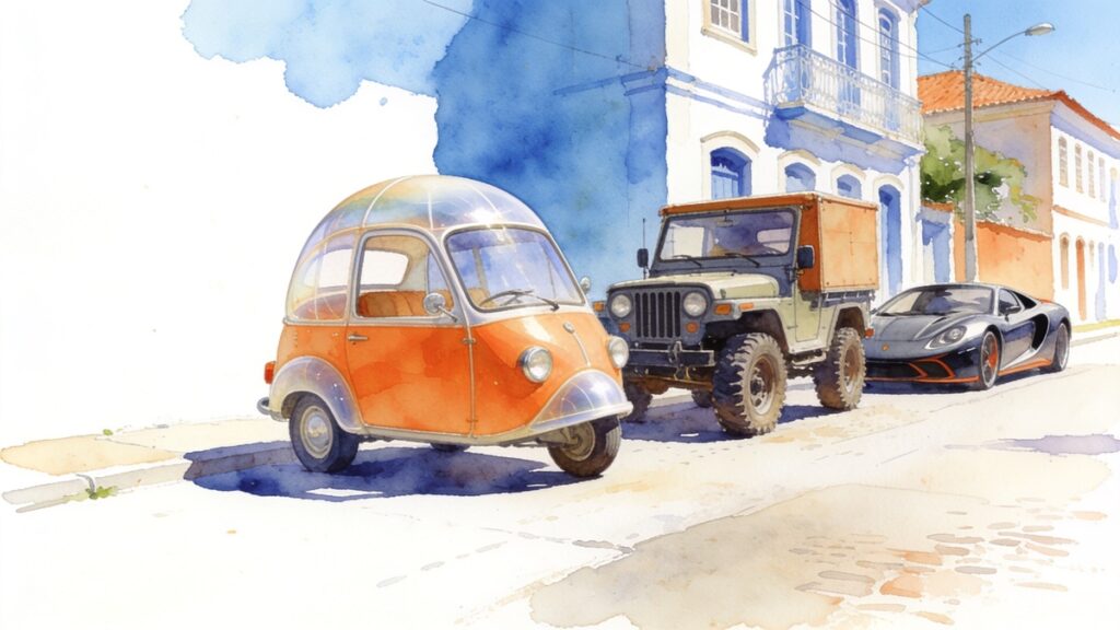 Aquarela de um microcarro laranja arredondado ao lado de um jipe e de um esportivo baixo em uma rua ensolarada