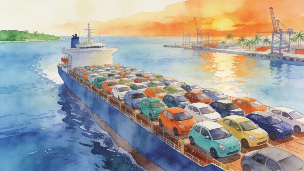Pintura em guache de um navio cargueiro carregado com carros compactos coloridos deixando um porto tropical ao pôr do sol