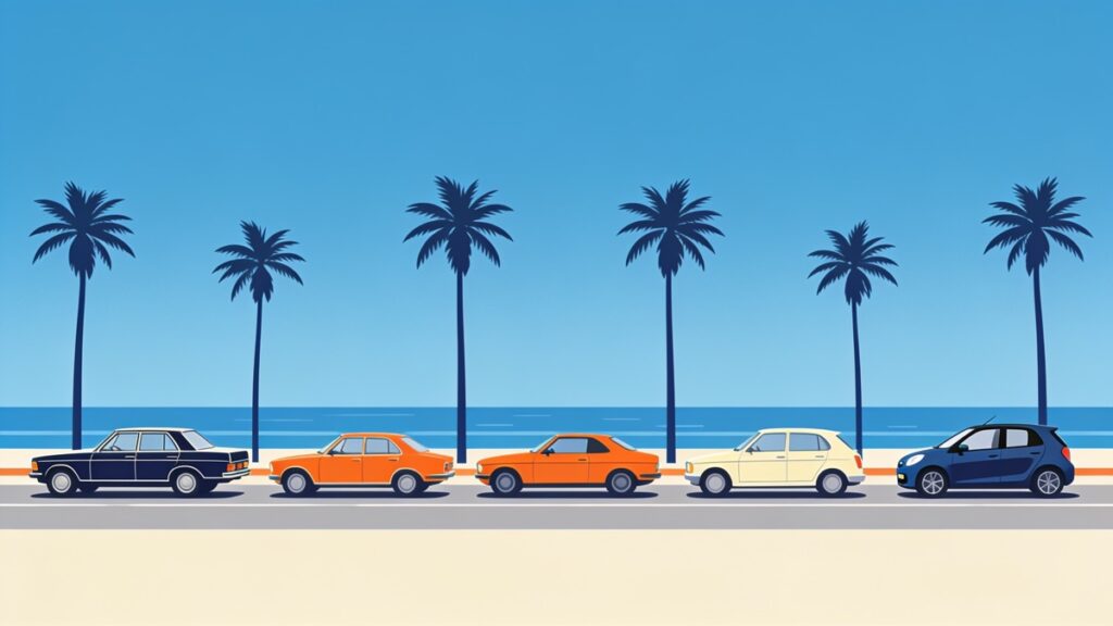 Ilustração em estilo flat de cinco carros de épocas diferentes, de um sedã antigo a um hatch moderno, alinhados em uma avenida à beira-mar com palmeiras