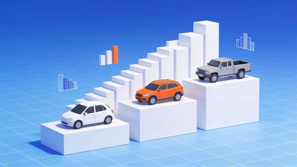 Ilustração isométrica de um hatch, um SUV compacto e uma picape sobre blocos brancos de alturas diferentes, formando um gráfico de barras de vendas