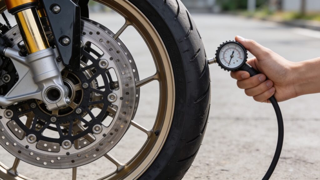 Mão segurando um calibrador de pneus junto ao pneu dianteiro e ao disco de freio de uma moto