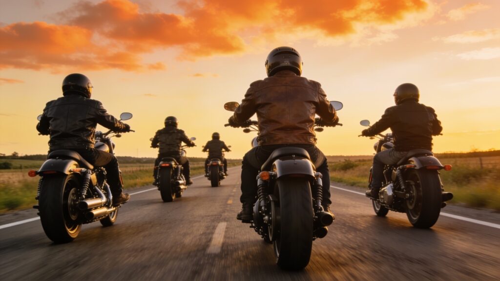 Grupo de motociclistas de jaqueta de couro e capacete, vistos de costas, andando numa rodovia ao pôr do sol