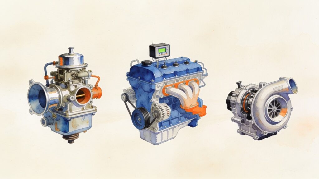 Ilustração em aquarela de um carburador antigo, de um motor com injeção eletrônica e de um turbocompressor moderno lado a lado