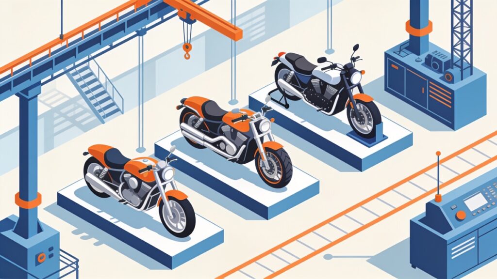 Ilustração isométrica de três motos de gerações diferentes em plataformas de exposição numa fábrica, em tons de azul e laranja