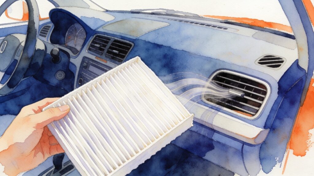 Ilustração em aquarela de uma mão segurando um filtro de cabine novo ao lado da saída de ar do painel de um carro