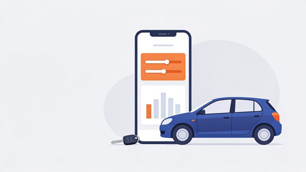 Ilustração de um celular com simulador de financiamento ao lado de um carro compacto azul e uma chave