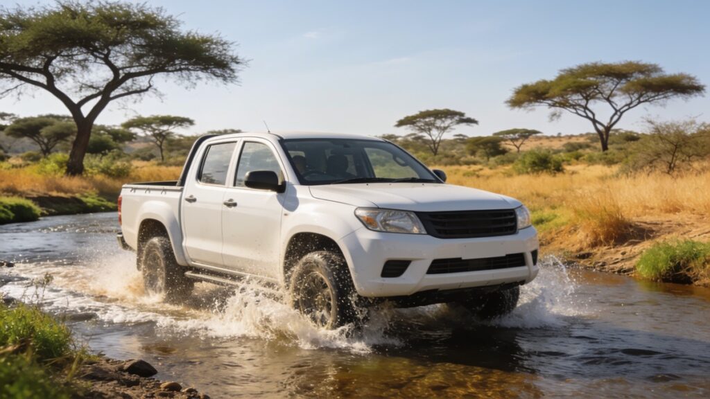 Picape branca de cabine dupla atravessando um rio raso na savana, com água espirrando nas rodas