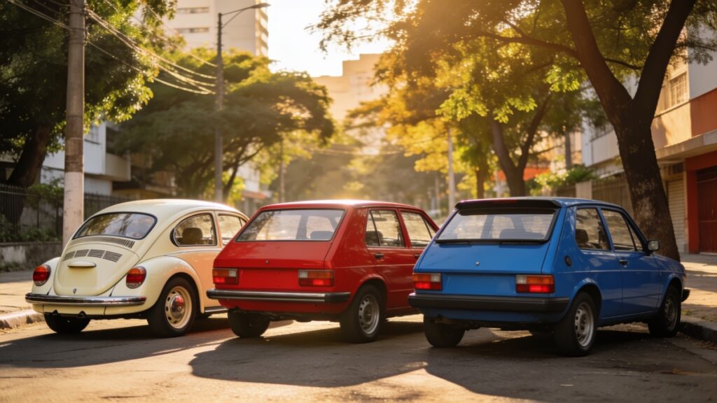 Três carros compactos antigos estacionados em uma rua arborizada de cidade brasileira ao pôr do sol