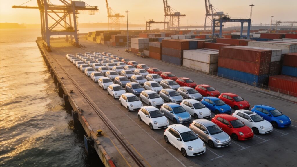 Vista aérea de carros novos estacionados em fileiras ao lado de um terminal de contêineres ao pôr do sol