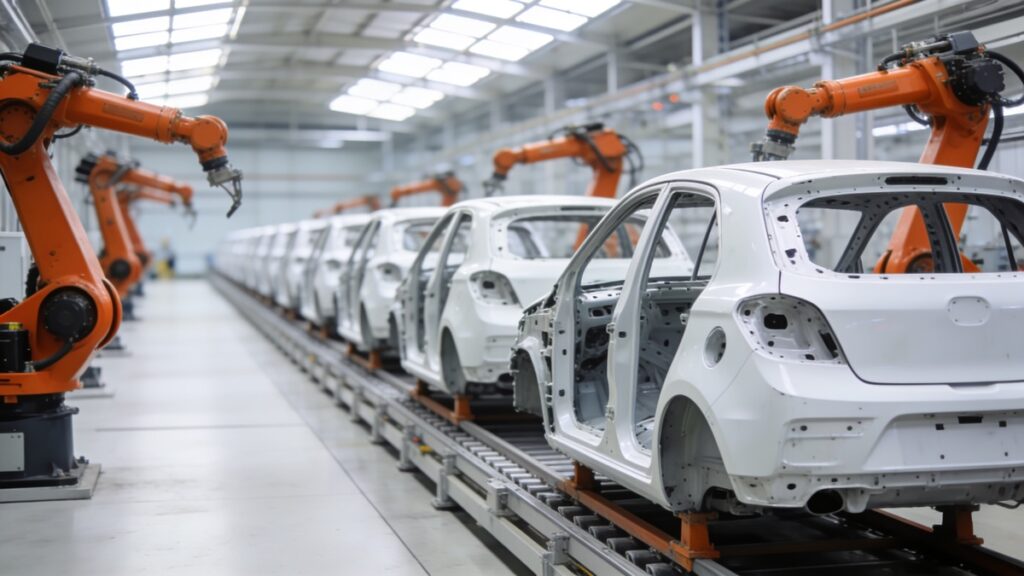 Linha de montagem de uma fábrica de automóveis com carrocerias brancas em fila e braços robóticos laranja nas laterais