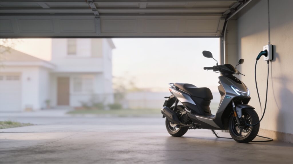 Scooter elétrica prateada estacionada em uma garagem, ligada por cabo a uma tomada na parede