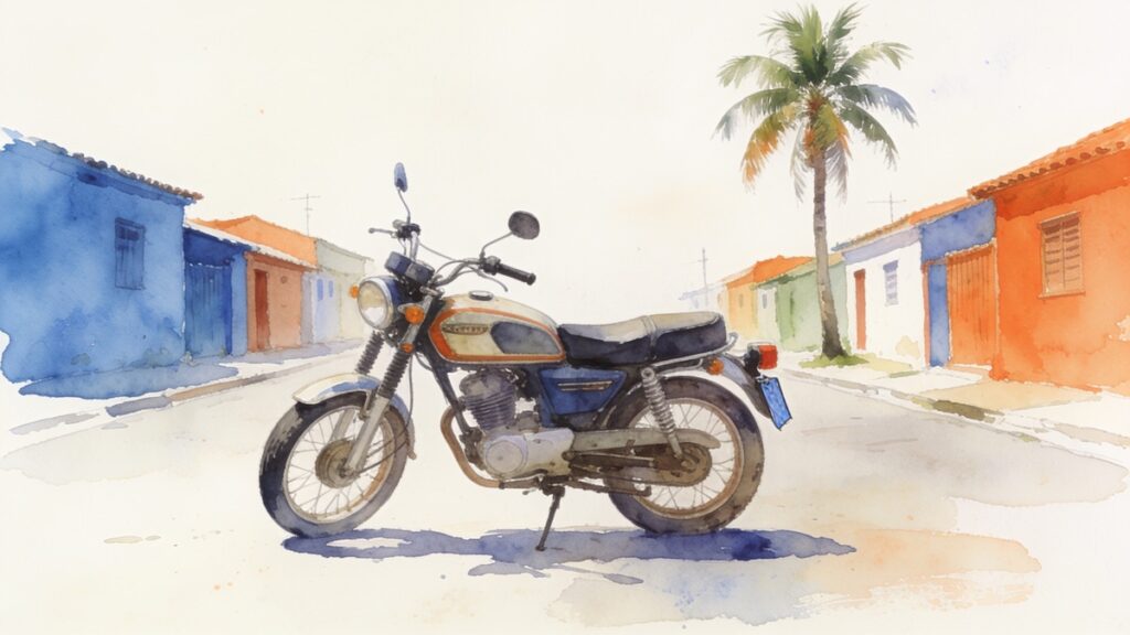 Aquarela de uma moto antiga estacionada numa rua de cidade pequena brasileira, com casas azuis e laranjas e um coqueiro ao fundo