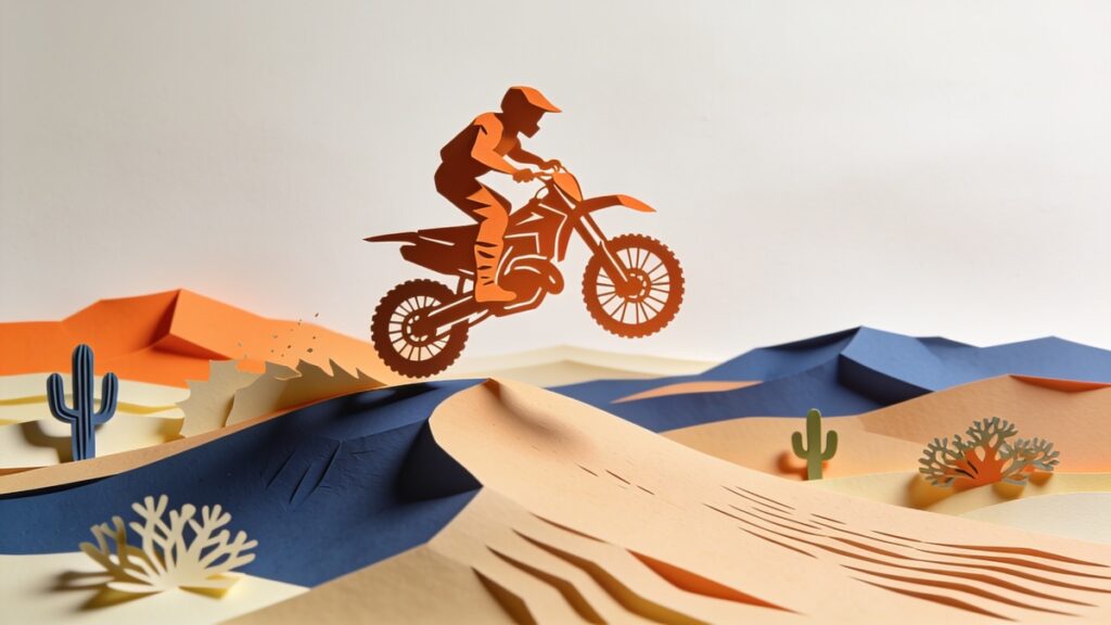 Ilustração em papel recortado de um piloto de moto off-road saltando uma duna do sertão, com cactos e morros em laranja e azul