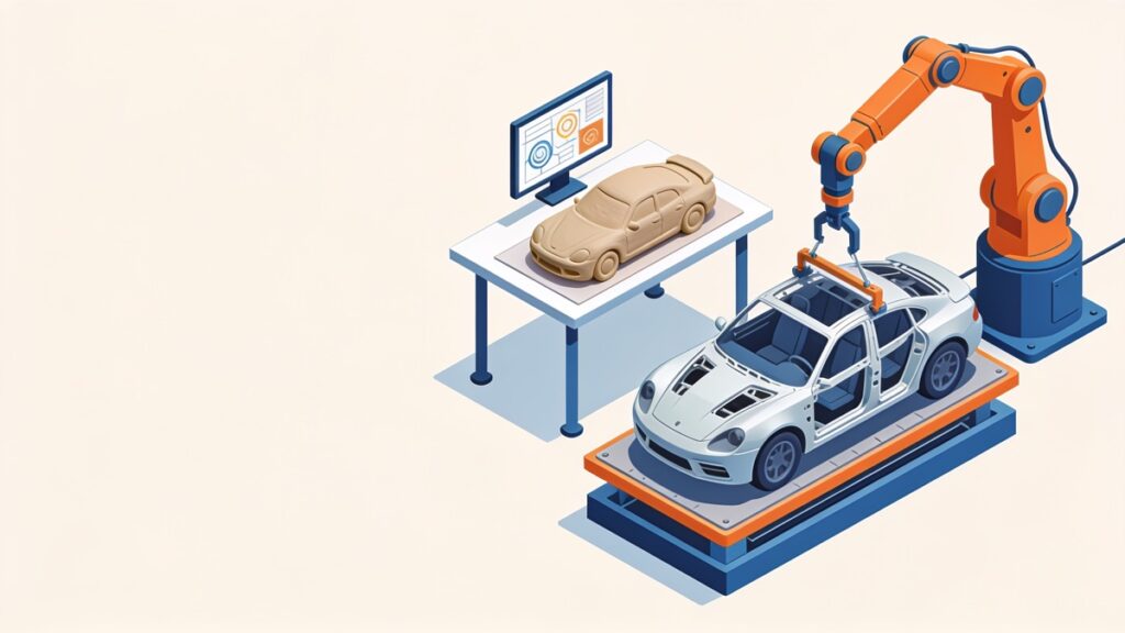 Ilustração isométrica de braço robótico, carroceria de carro e modelo em argila de um carro em uma mesa de design