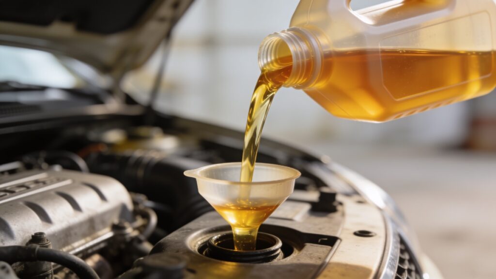 Óleo de motor dourado sendo despejado de um galão transparente, por um funil, na entrada de óleo de um motor